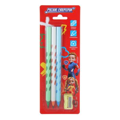 BY Russian Superheroes Set of 3 black. pencils (3-sided, thick) and sharpener, blister, "Junior"