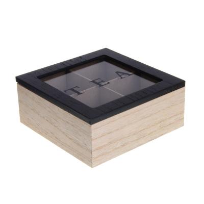 Wooden box for tea with 4 compartments, 16x16x7 cm, MDF, glass