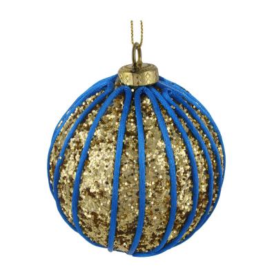 SNOW BOOM Pendant, in the shape of a ball with decor, 8 cm, foam plastic, textile, blue and gold