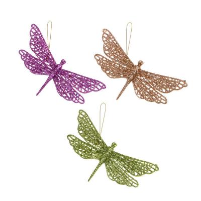 SNOW BOOM Set of pendants 3 pcs. in the shape of dragonflies, glitter, gold, light green, fuchsia plastic, 17cm
