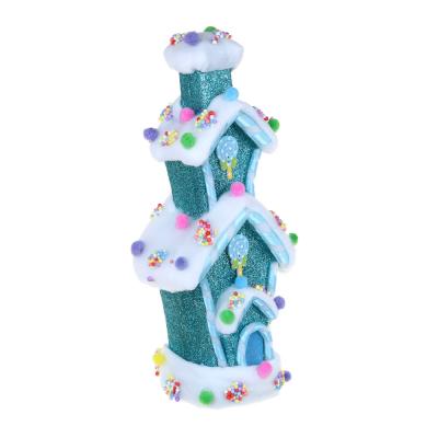 SNOW BOOM Decor in the form of a candy house, with glitter and pompoms, 12.5x10.5x26.5 cm, color blue