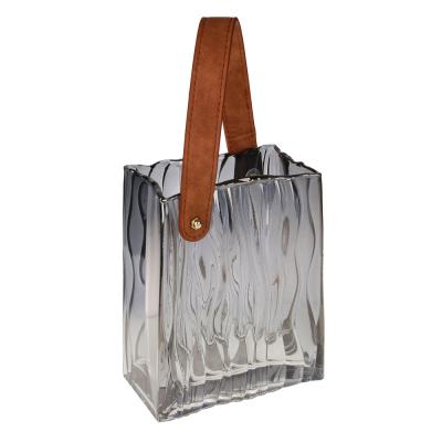 Vase with leather handle, 18x15 cm, glass, gray