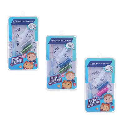 BY Russian Superheroes Set with sparkles: glitter, 4 colors, pen with glue, brush, 4 coloring pages, "Kawaii"
